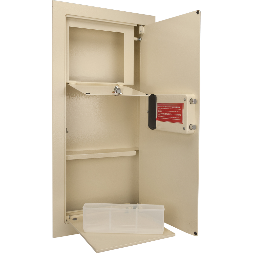 Beige metal wall safe with open door and interior shelves