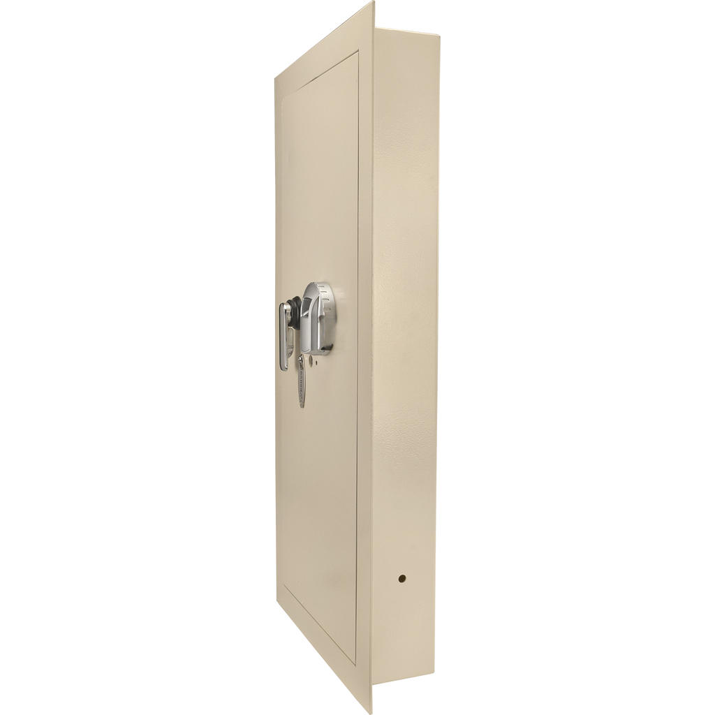 Tall beige steel security safe with digital keypad and key lock