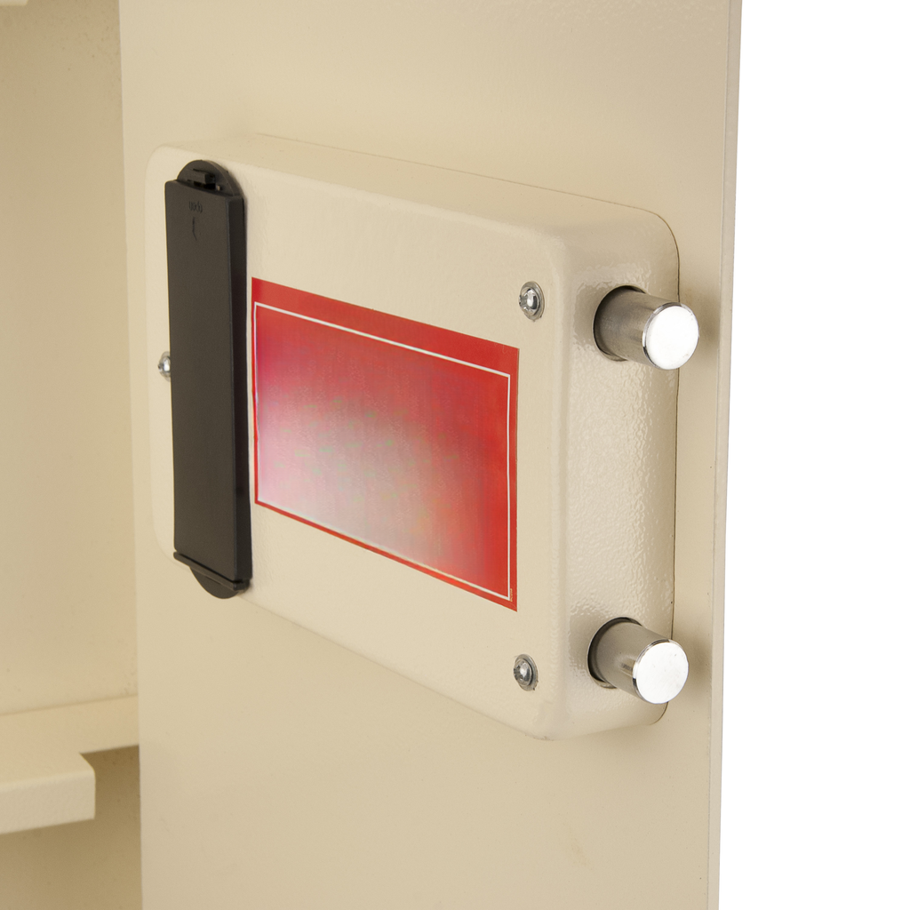 Beige electronic safe keypad lock with red label and chrome bolts