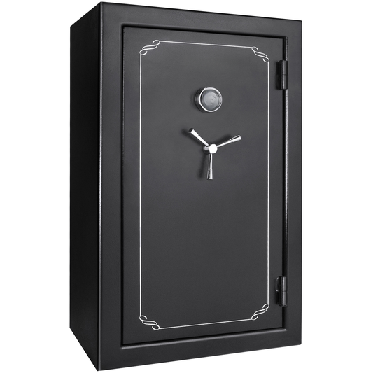 Black home safe with silver dial and trispoke handle