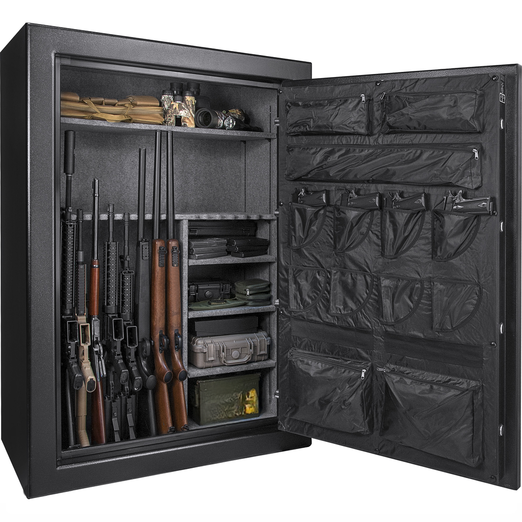 Black metal gun safe with multiple rifles and handguns