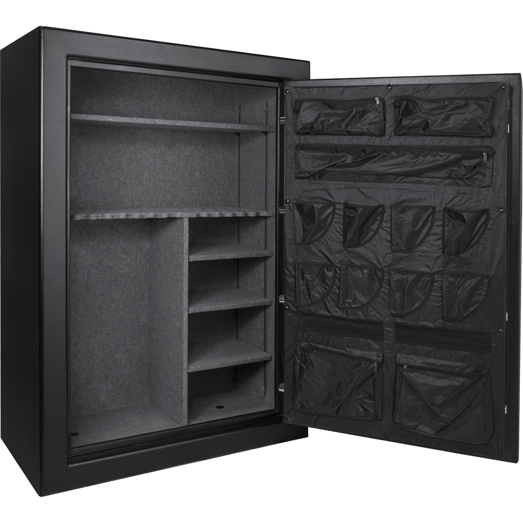 Black metal gun safe with adjustable shelving and interior organizer pockets