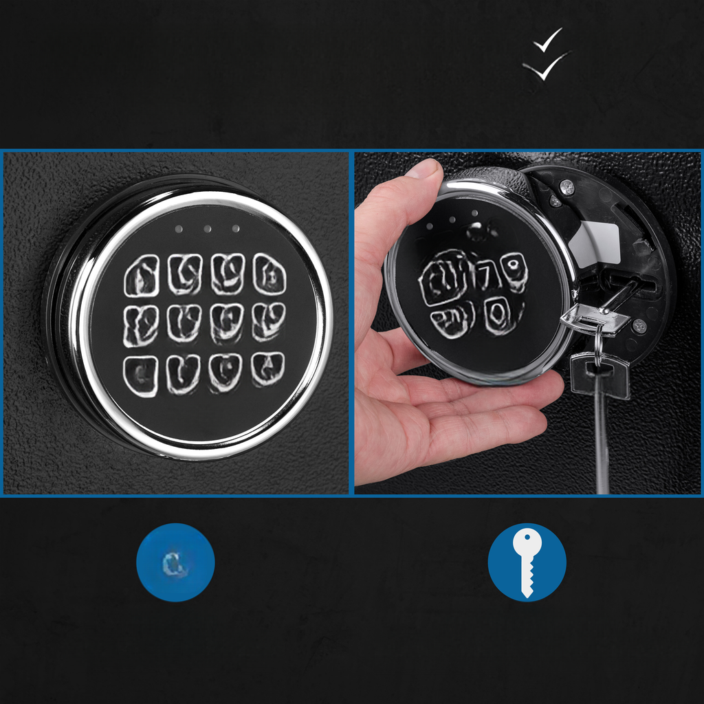 Circular digital keypad on a black safe door