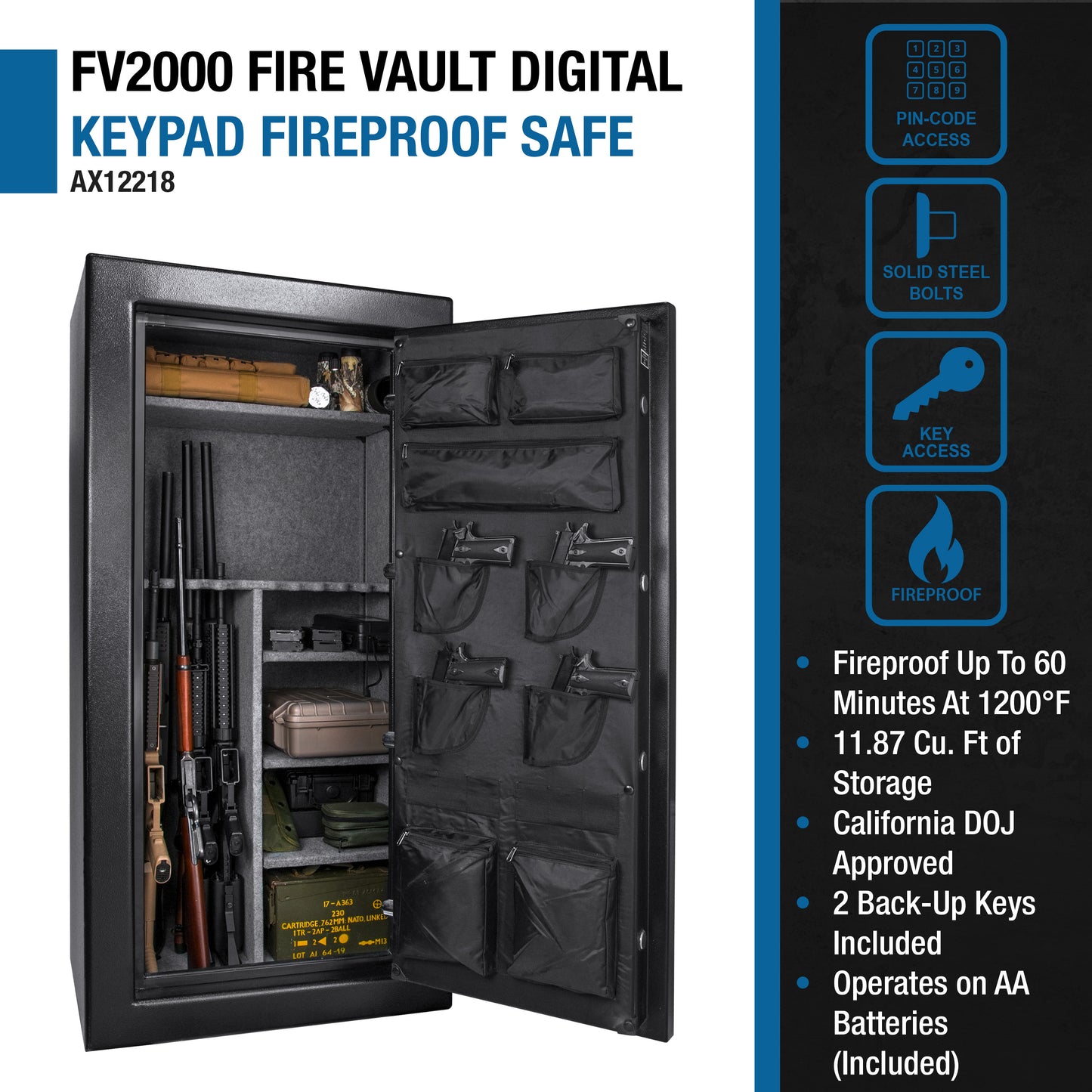 Digital keypad fireproof safe interior with rifles and handguns