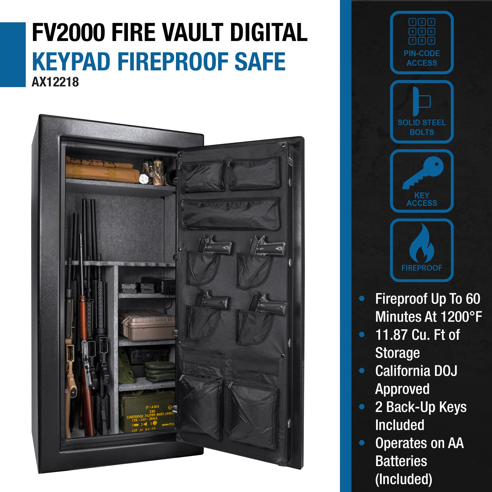 Digital keypad fireproof safe interior with rifles and handguns
