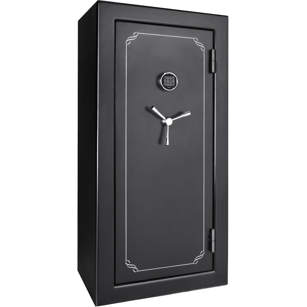 Black digital security safe with a silver threespoke handle and keypad