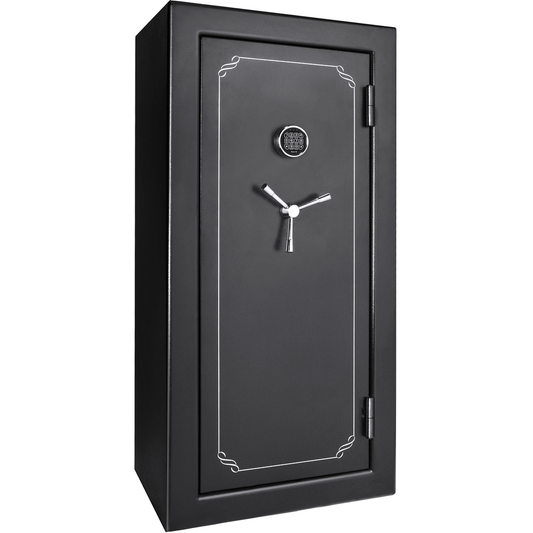 Black digital security safe with a silver threespoke handle and keypad