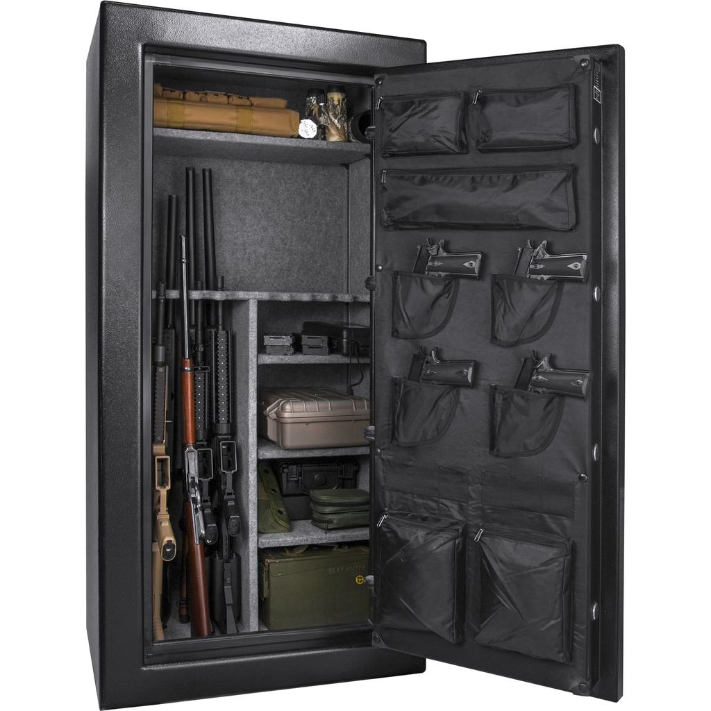 Black large gun safe interior with multiple rifle slots and organization pockets