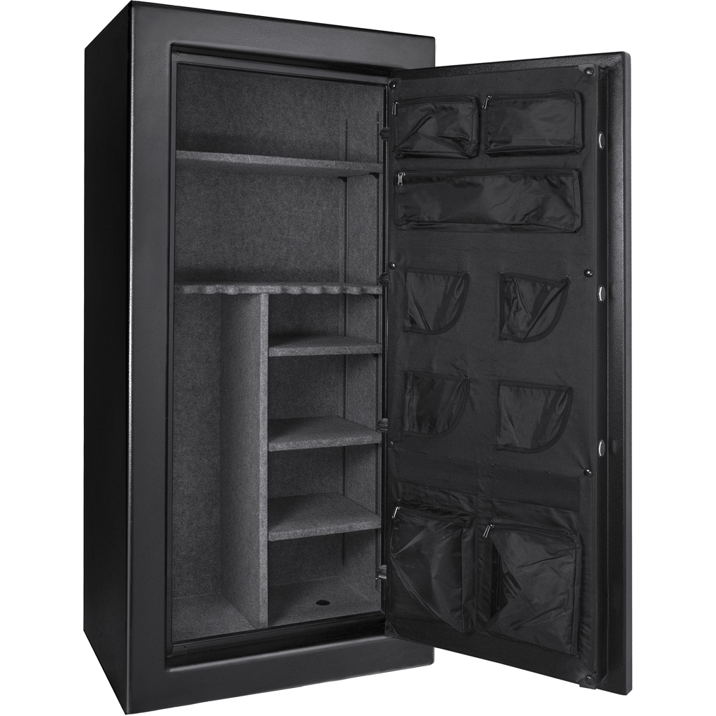 Black metal gun safe interior with adjustable shelves and door organizer pockets