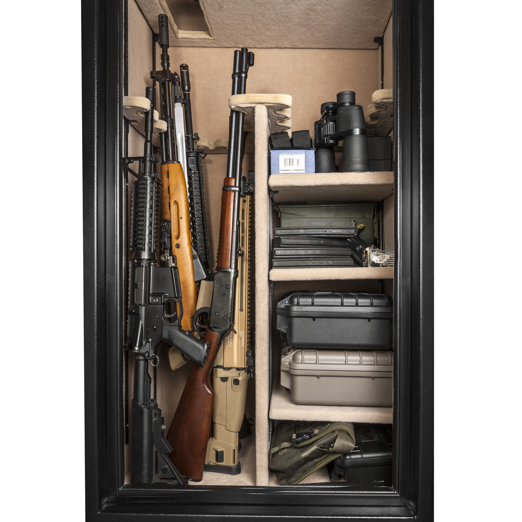 Black ARstyle rifle with wooden stock in gun safe