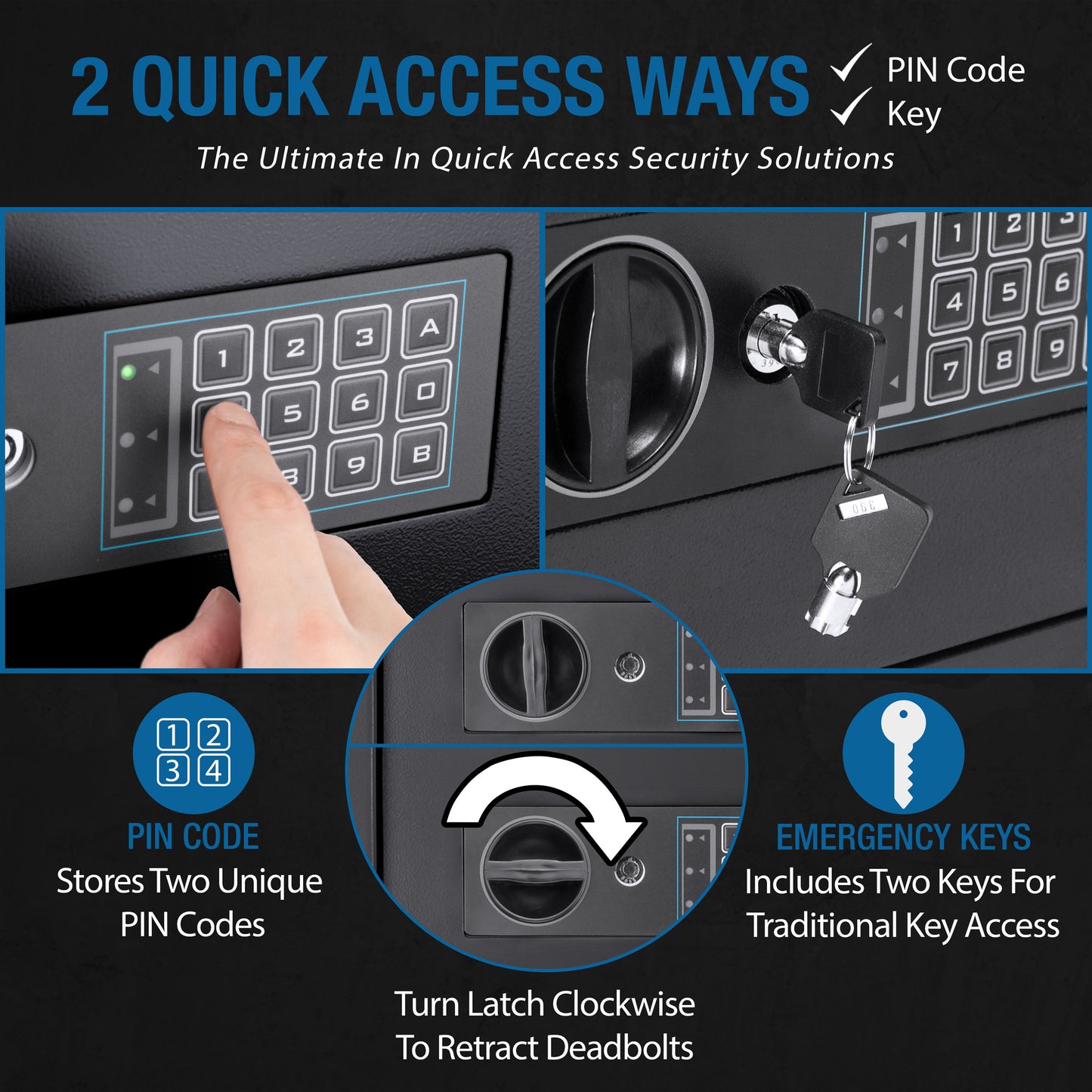 Finger presses keypad button on black digital safe