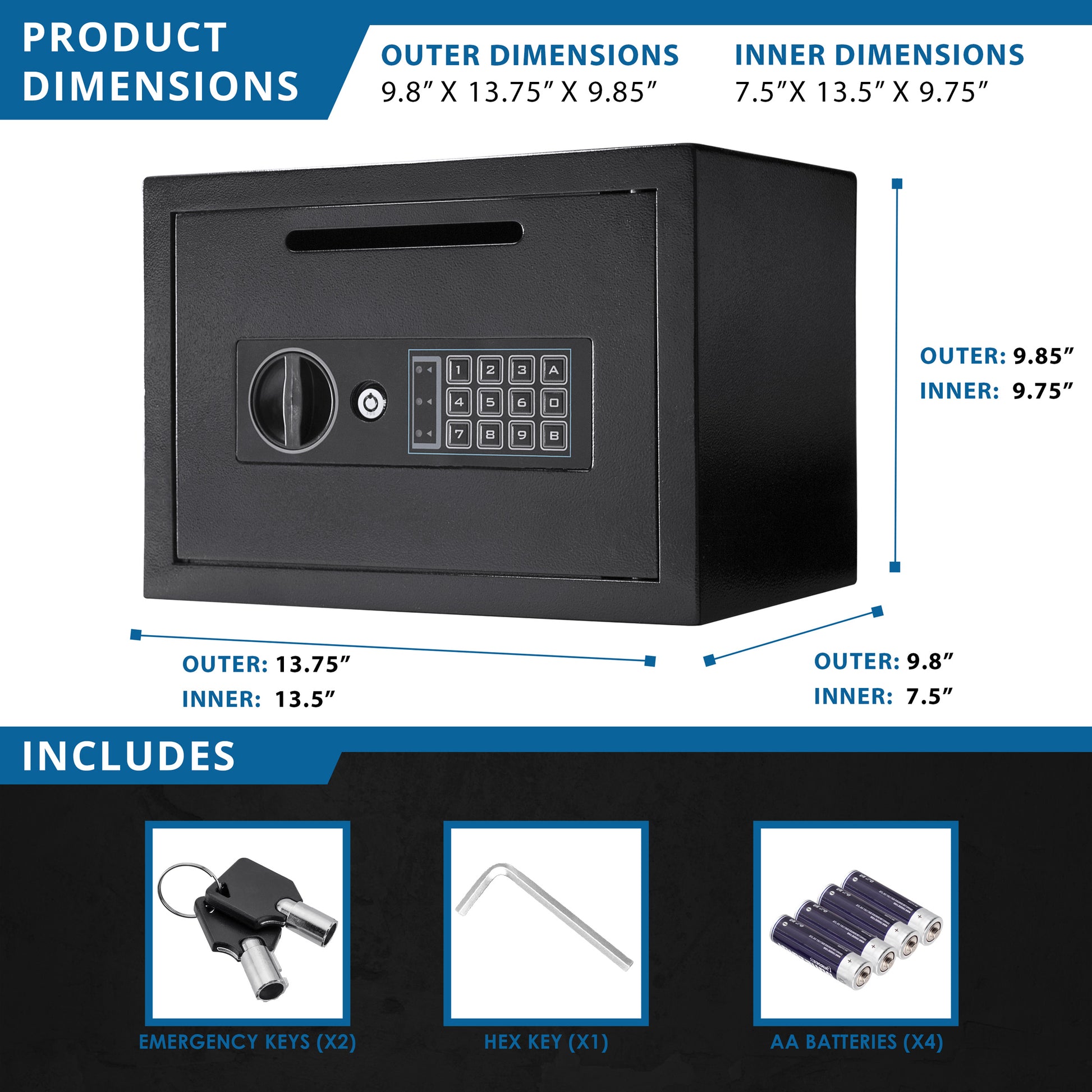 Black digital safe with slot for cash deposit and keypad entry