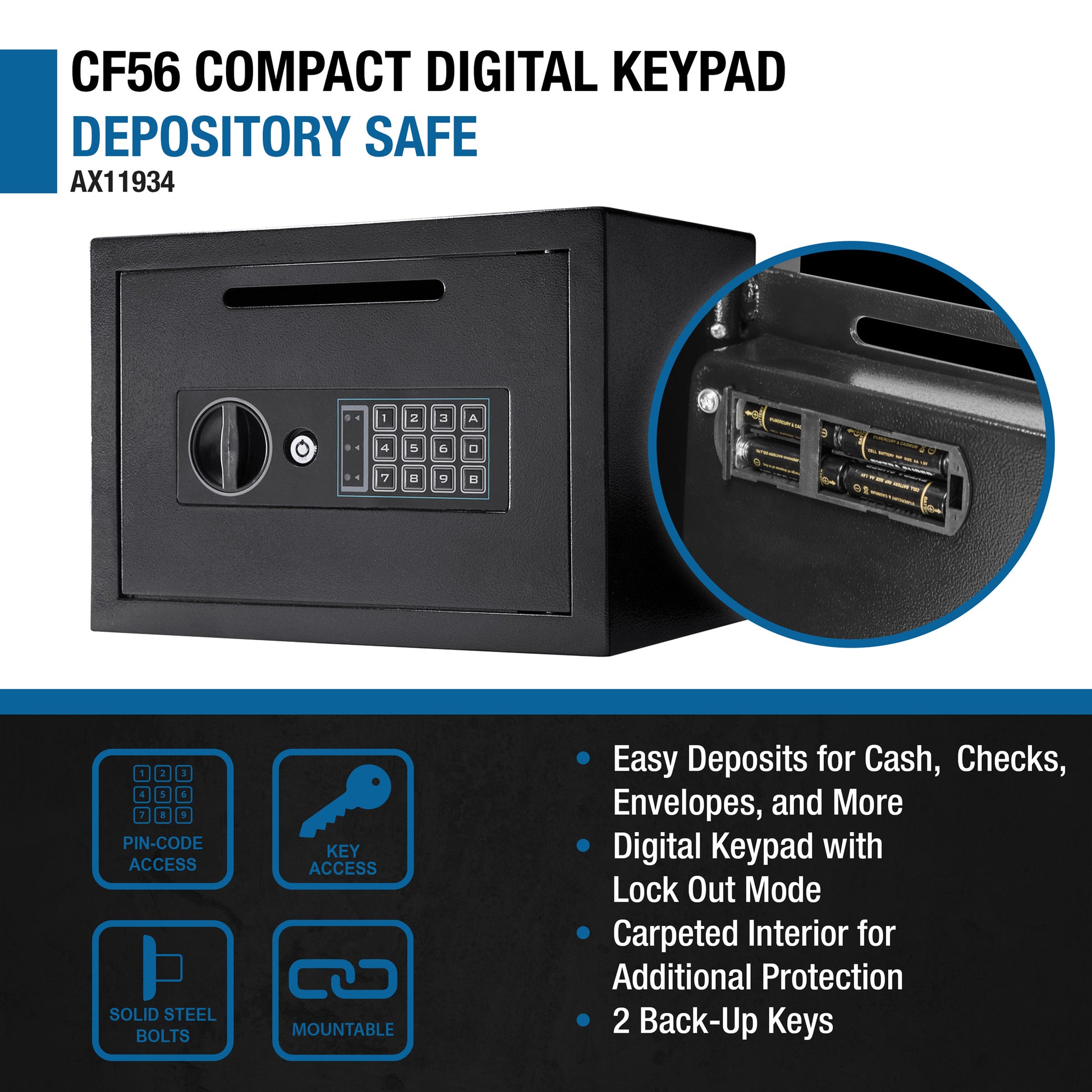 Black compact depository safe with digital keypad and keyhole