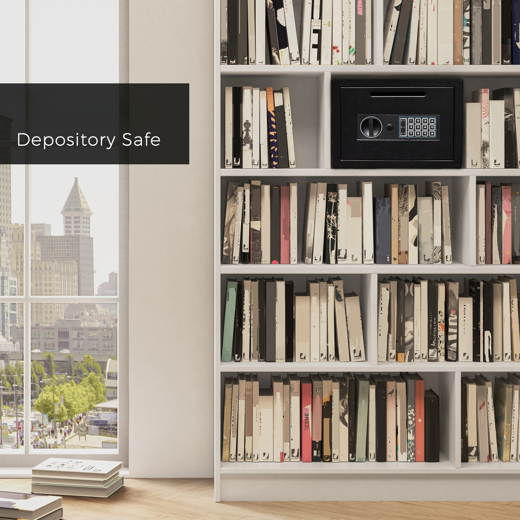 Black depository safe with keypad on a bookshelf