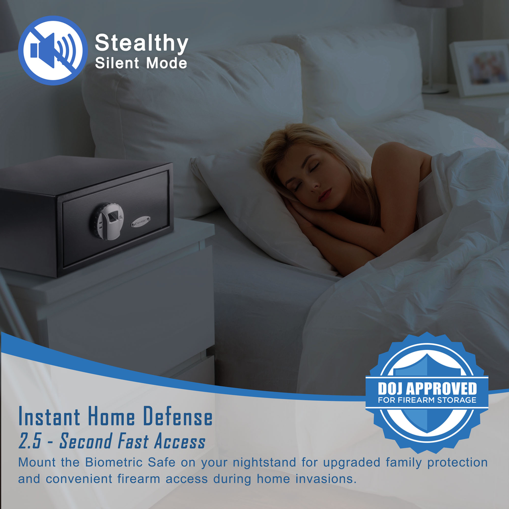 Black biometric safe with fingerprint scanner on nightstand next to sleeping woman