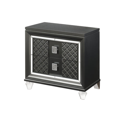 Black diamondtufted nightstand with mirrored trim and crystal drawer pulls