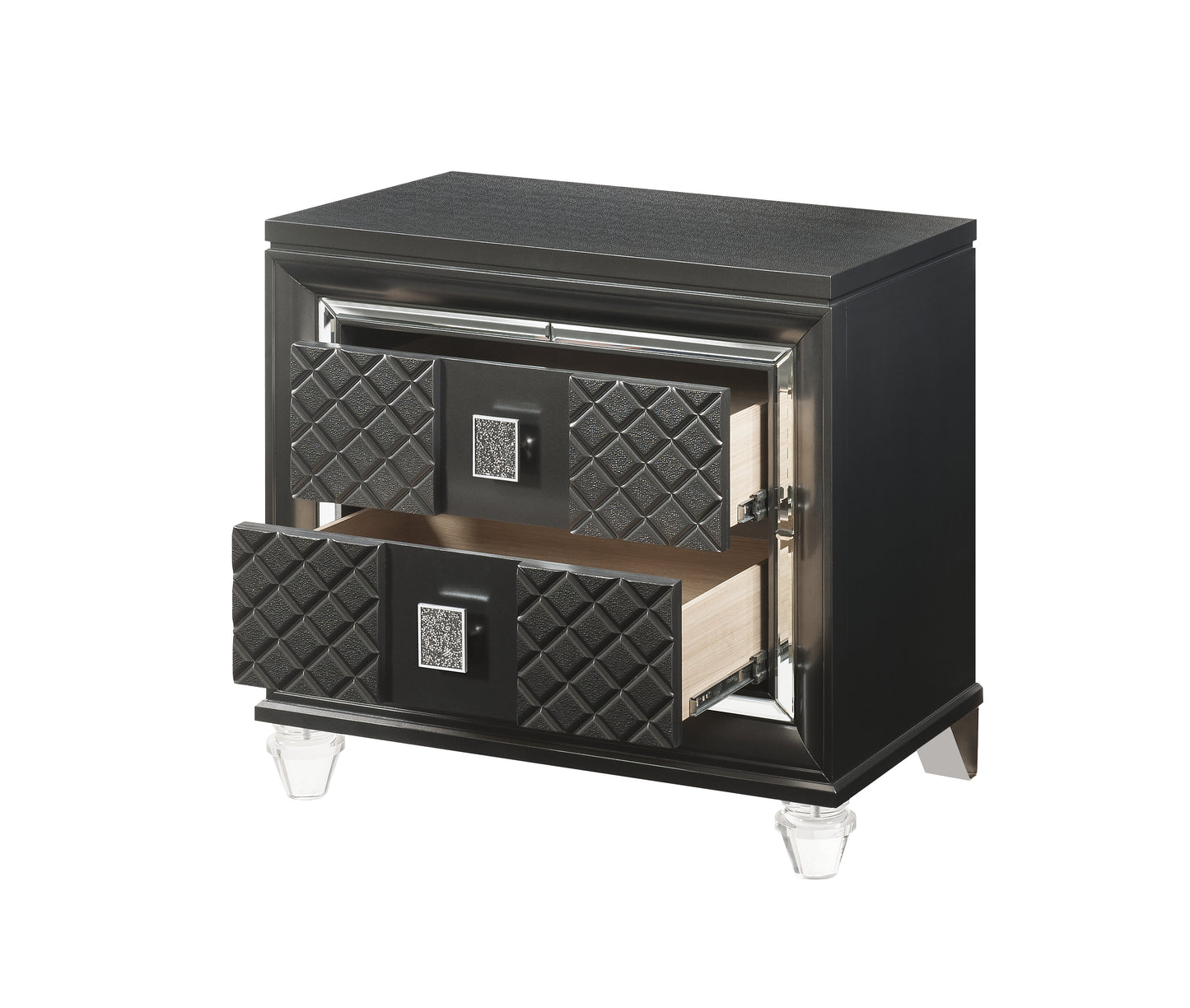 Dark grey textured nightstand with diamondpatterned drawer fronts and crystal knobs