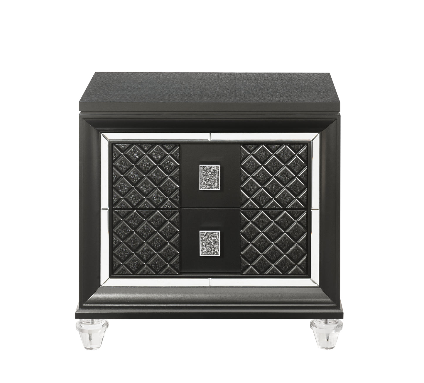 Black quilted drawer nightstand with mirrored trim and crystal accents