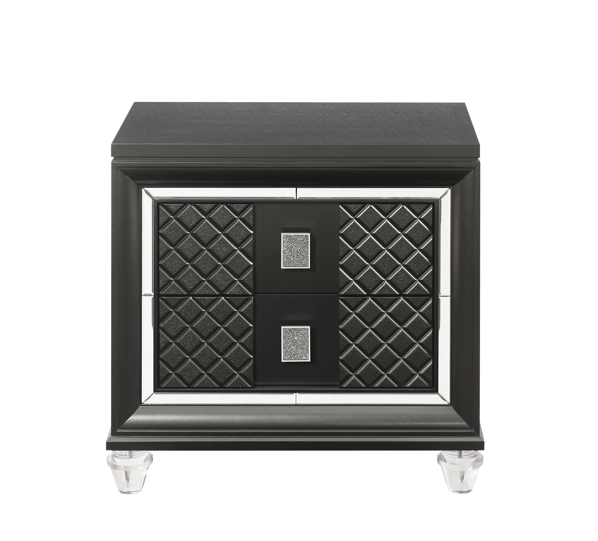 Black quilted drawer nightstand with mirrored trim and crystal accents
