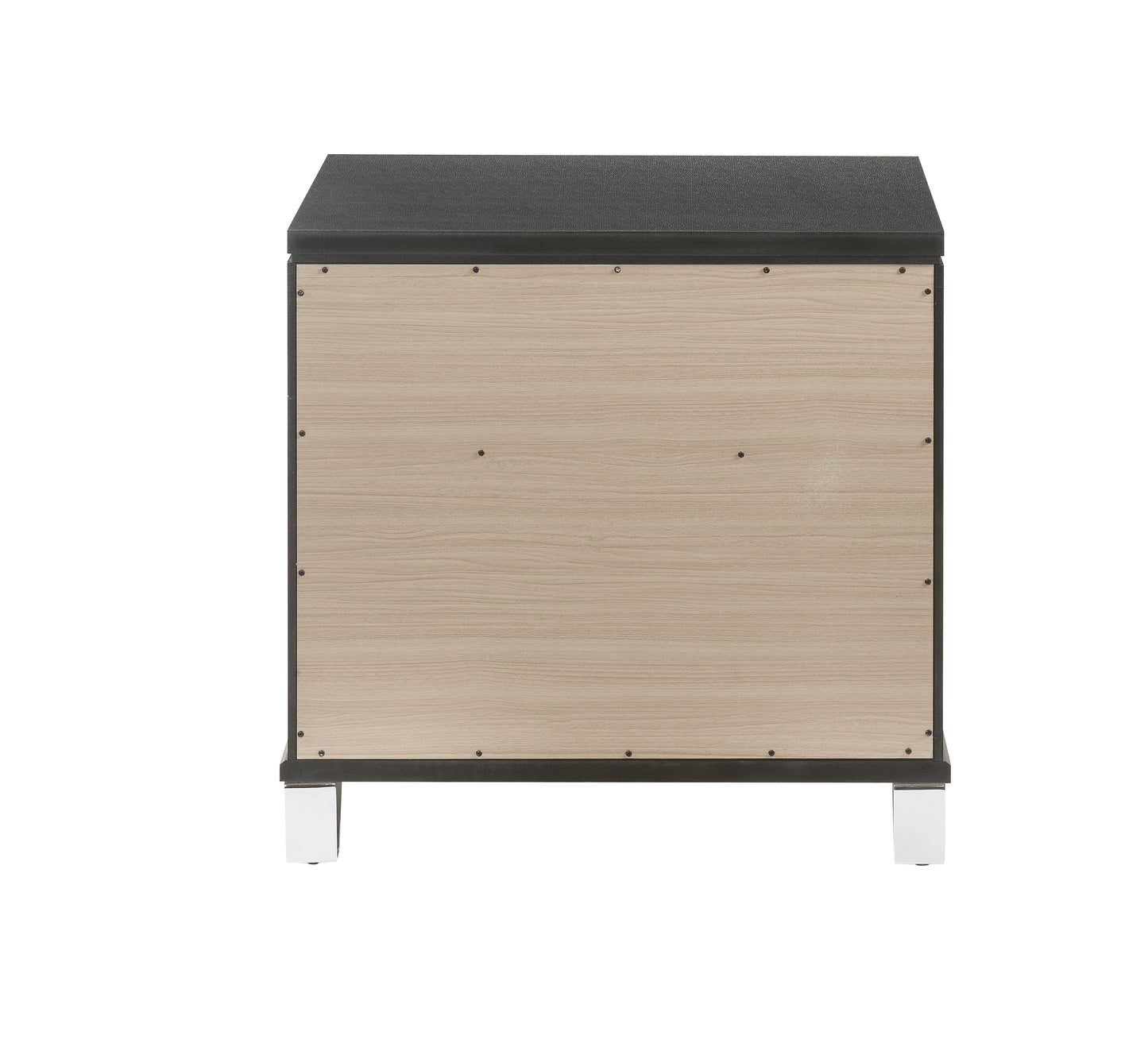 Black top chest of drawers with light wood side panels and silver feet