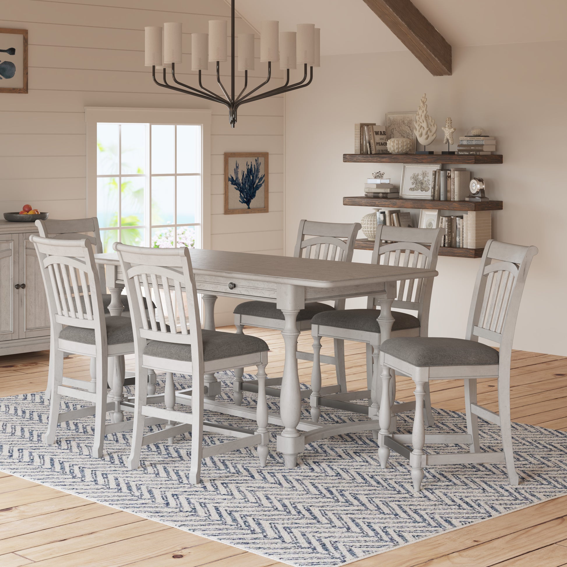 Gray wash wood counterheight dining set with upholstered seats