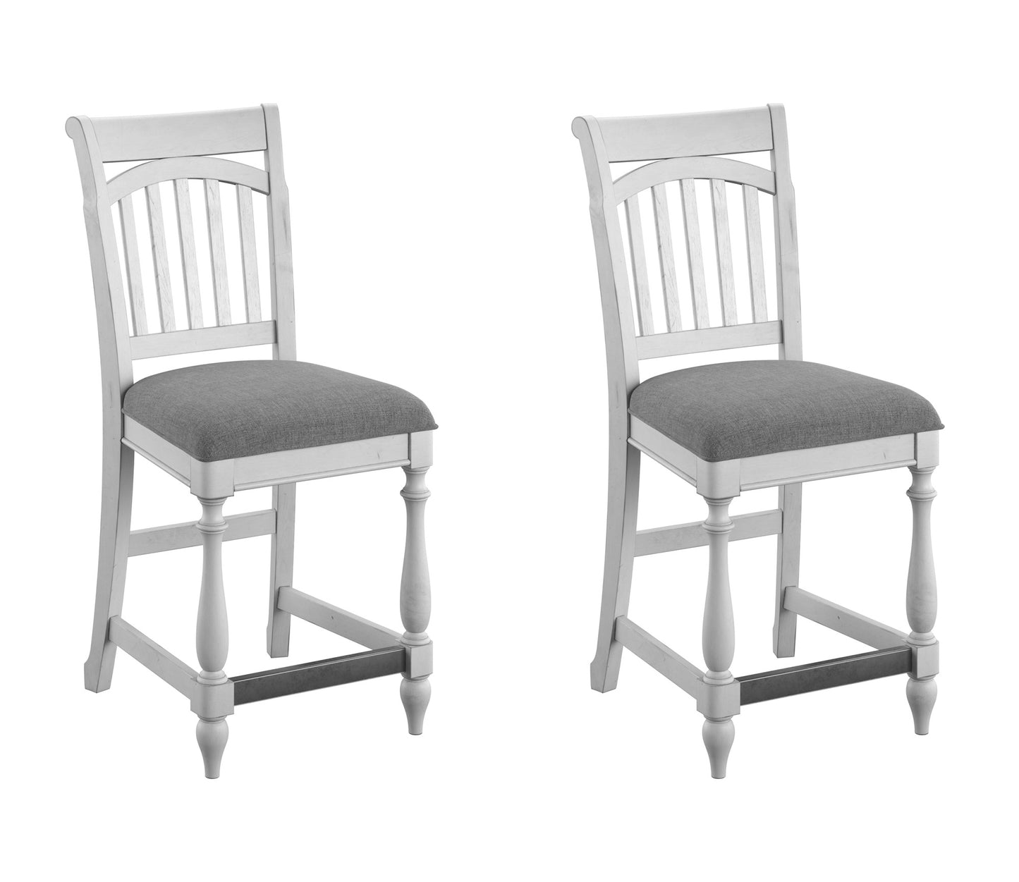 White wooden bar stool with gray upholstered seat and spindle back