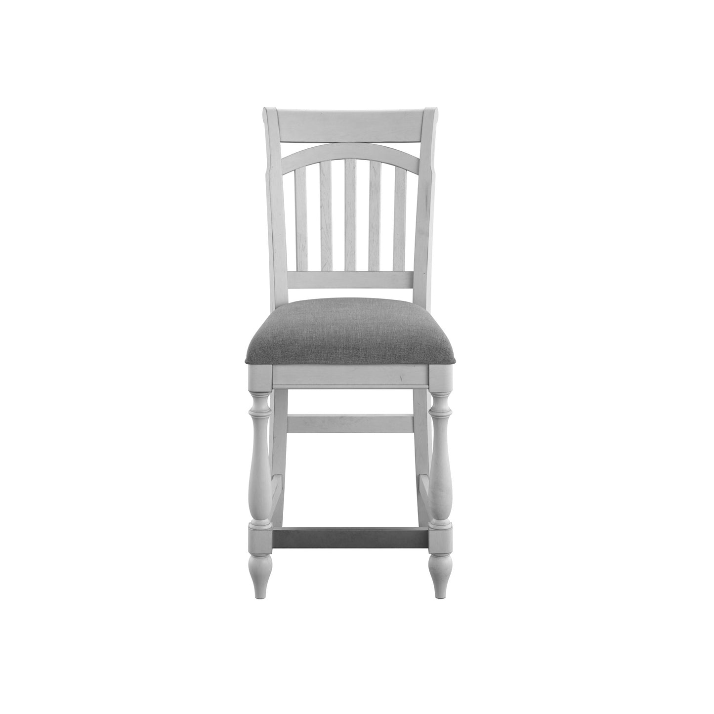 White wooden bar stool with upholstered gray seat and vertical back slats