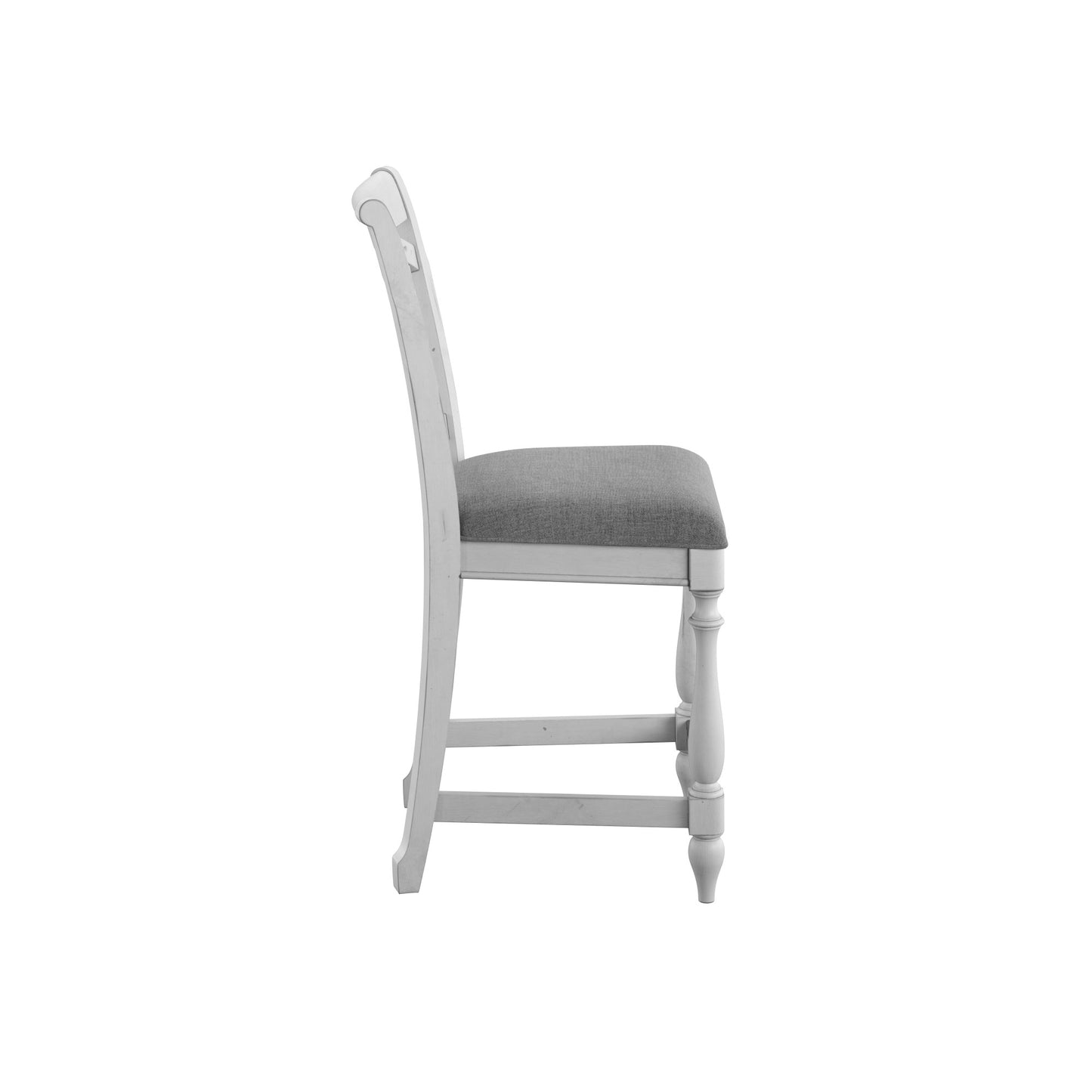 White distressed wood bar stool with gray upholstered seat and turned legs side view