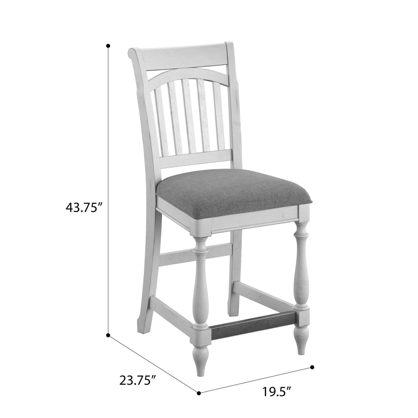 White distressed wood bar stool with grey upholstered seat