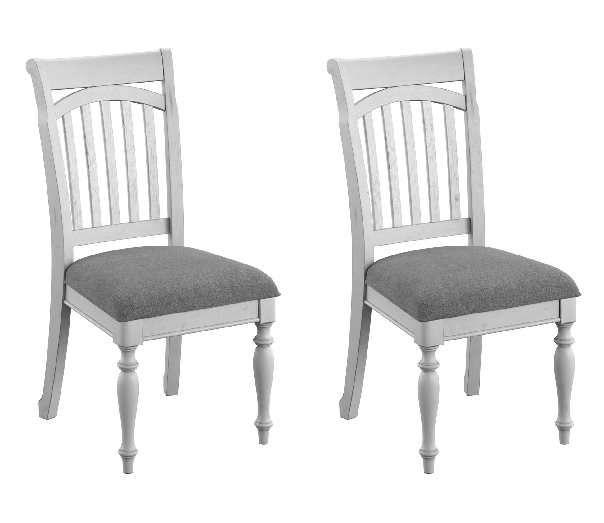 White dining chair with grey upholstered seat and turned legs
