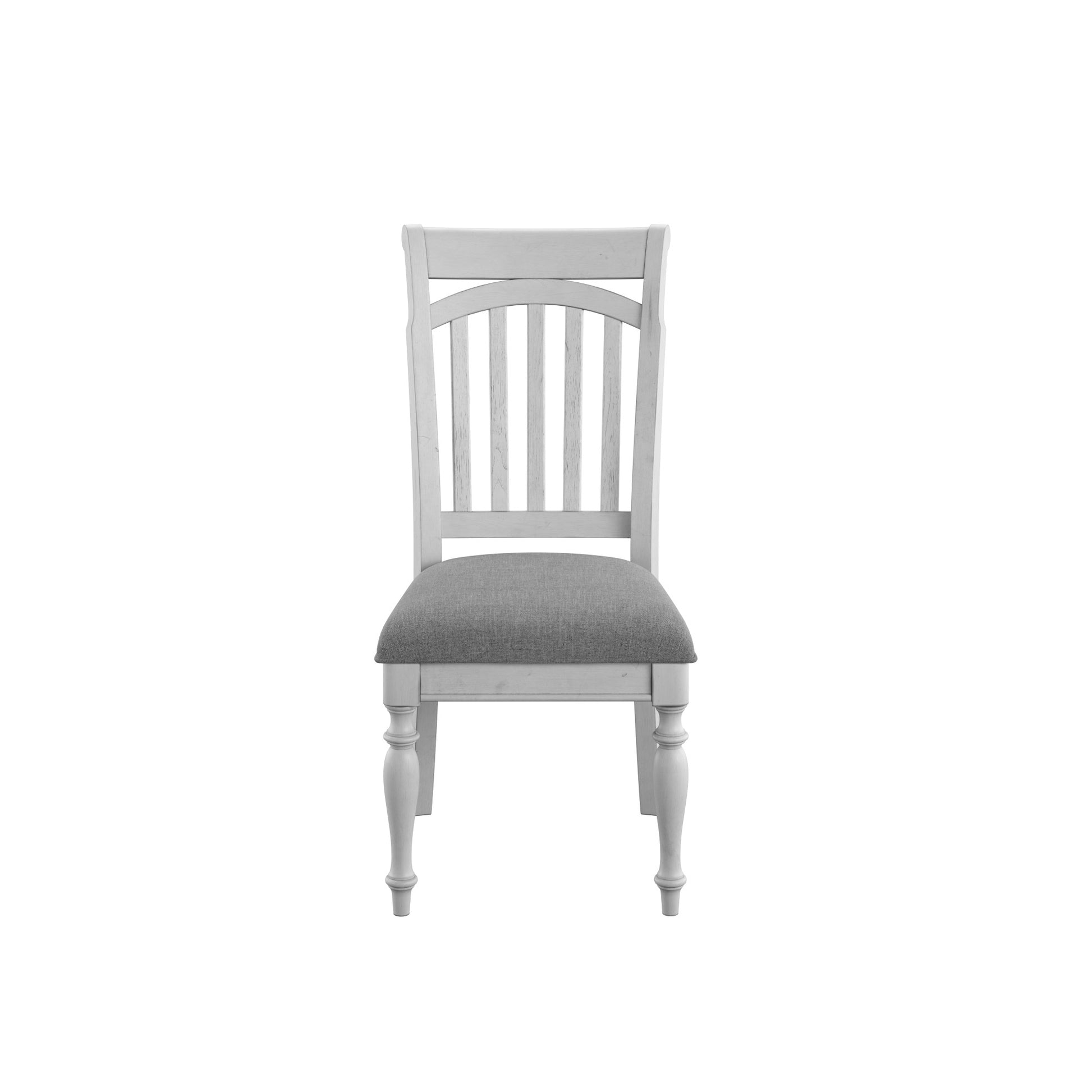 White wooden dining chair with upholstered grey seat and spindle back