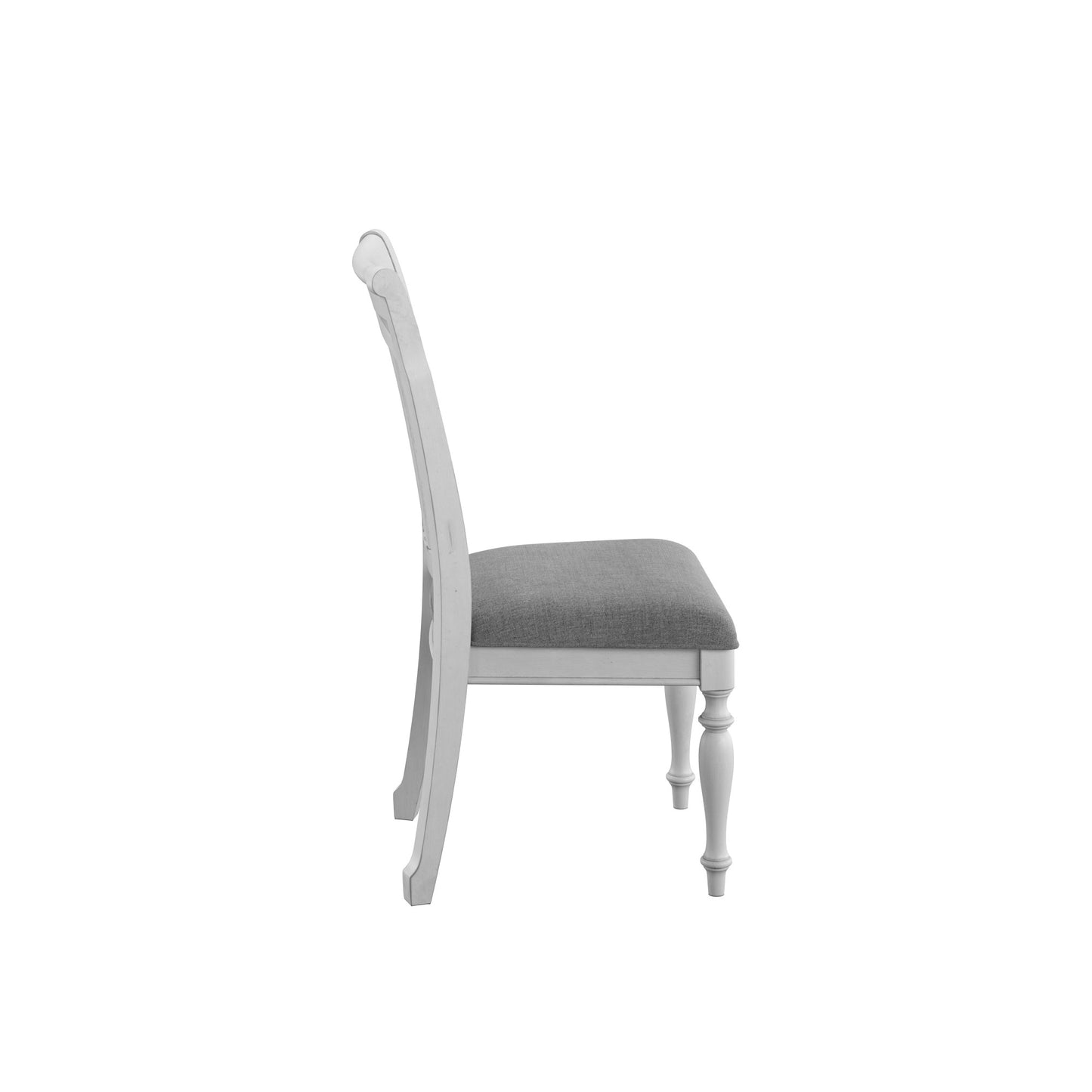 White ornate dining chair with upholstered grey seat