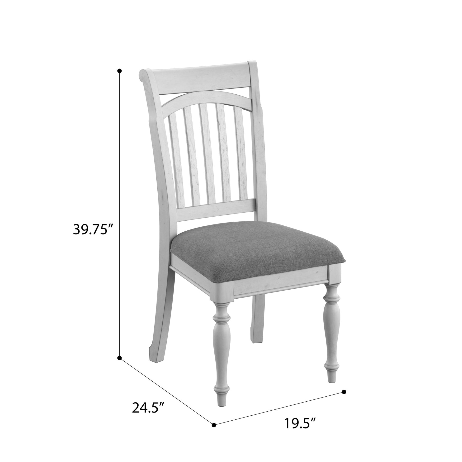 White spindle back dining chair with gray upholstered seat
