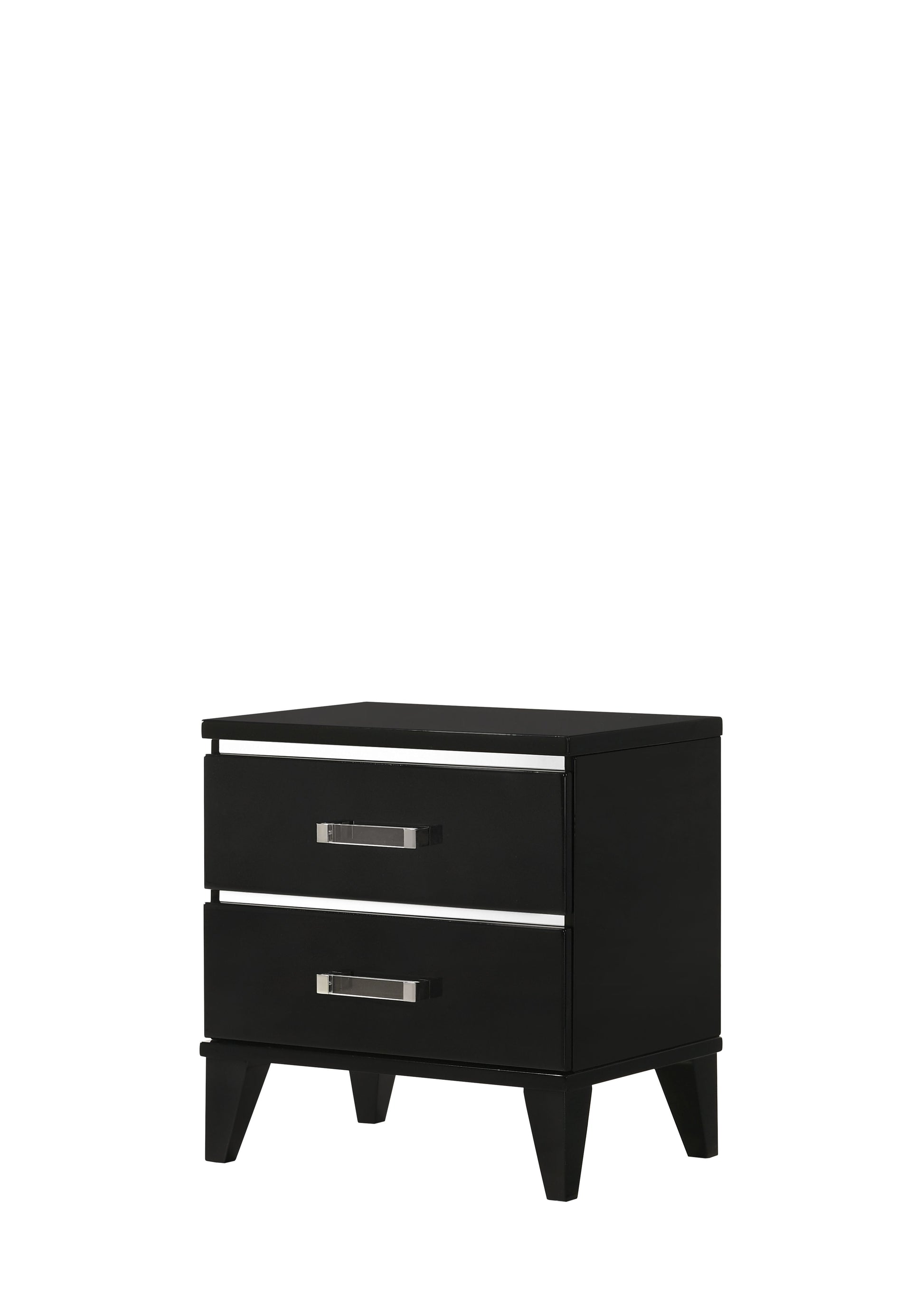 Black twodrawer nightstand with silver hardware and tapered legs