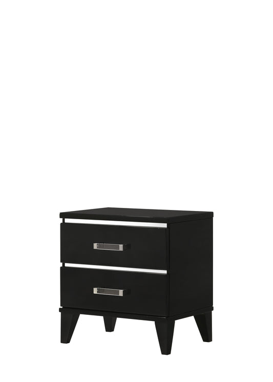 Black twodrawer nightstand with silver hardware and tapered legs