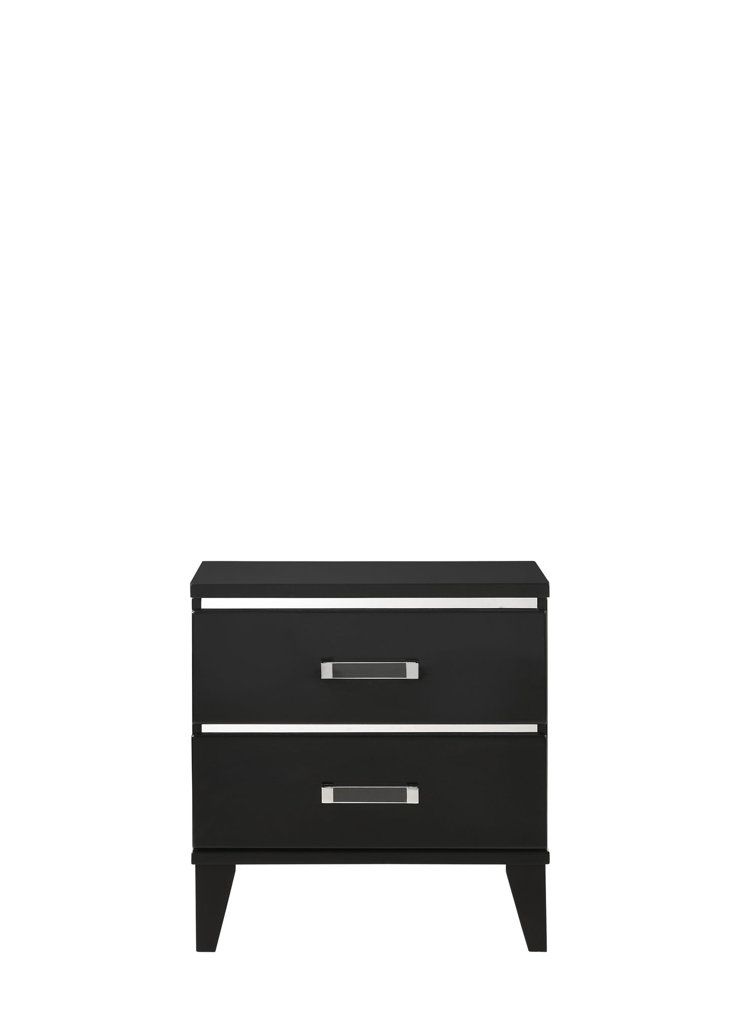 Sleek black twodrawer nightstand with silver drawer pulls