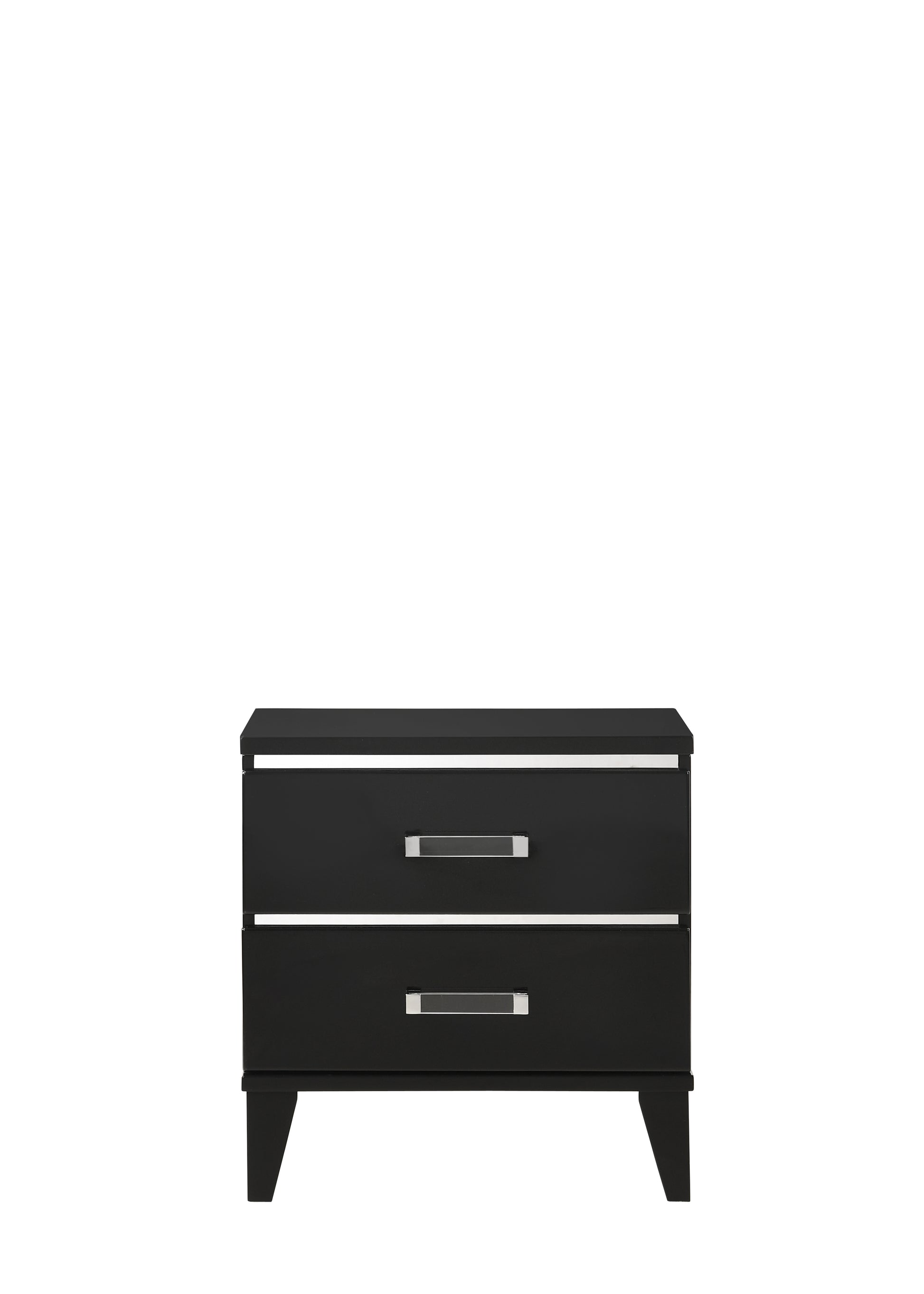 Sleek black twodrawer nightstand with silver drawer pulls