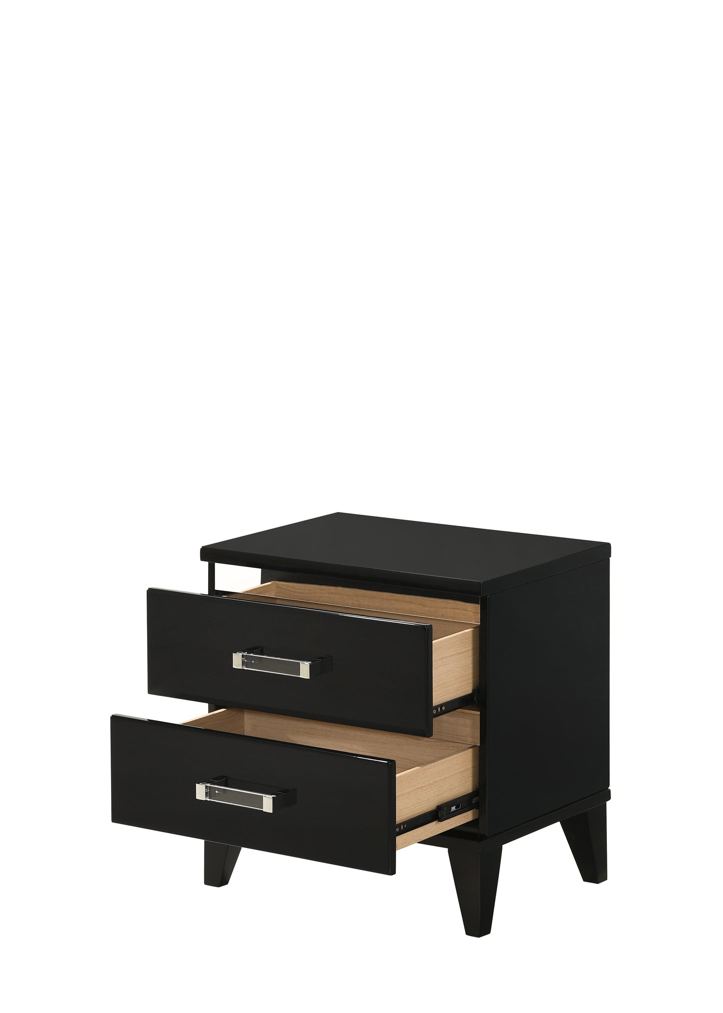 Black twodrawer nightstand with silver drawer pulls and wooden interior