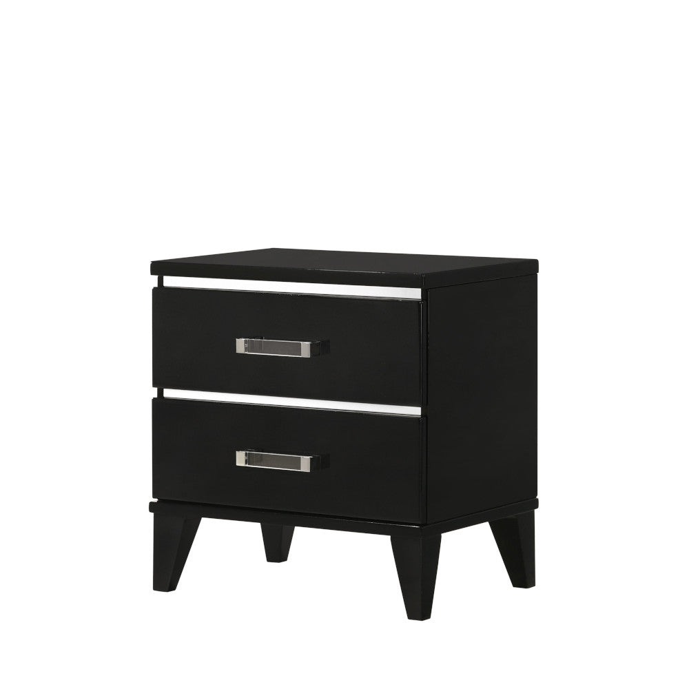 Sleek black nightstand with two drawers and silver hardware