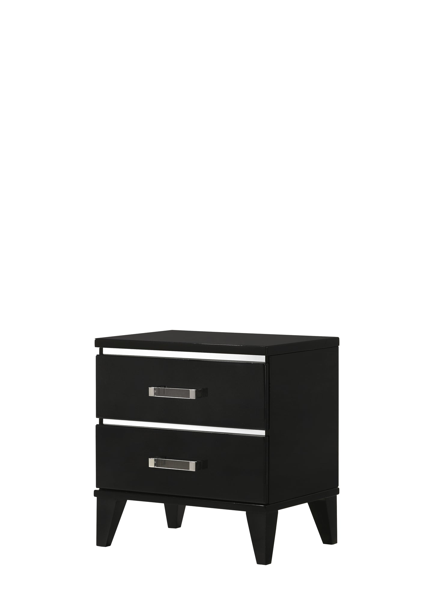 Sleek black twodrawer nightstand with chrome accents and tapered legs