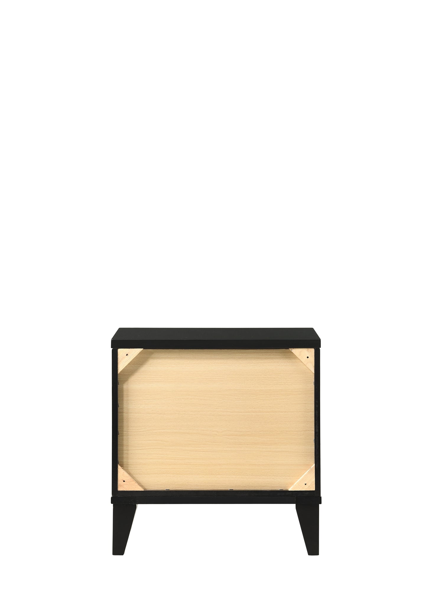 Black nightstand with light wood grain drawer interior and angled legs