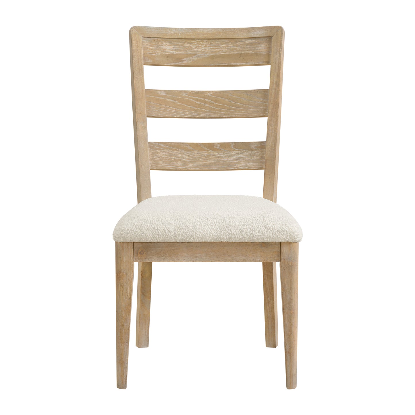 Light wood dining chair with textured cream seat and slatted back