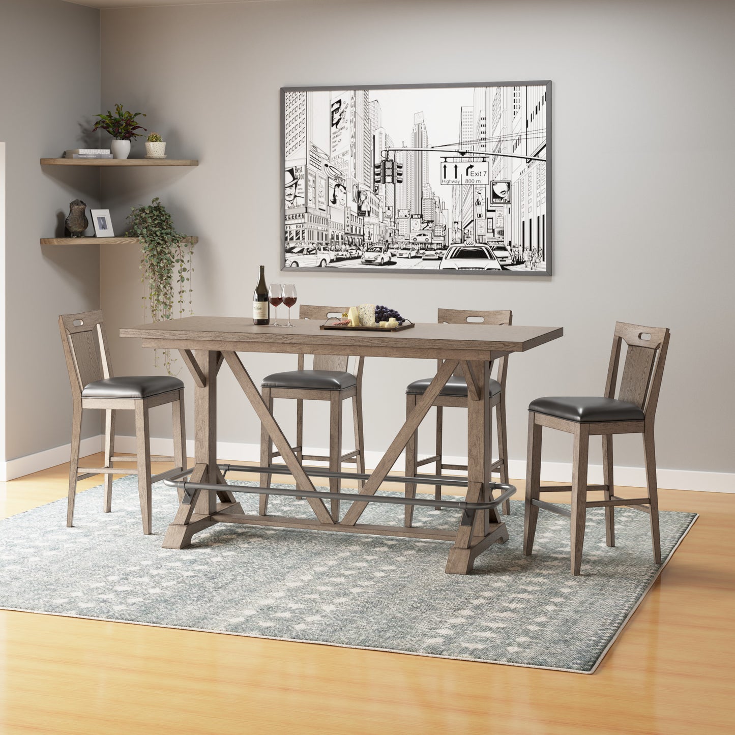 Rustic wooden bar table with four dark grey upholstered stools