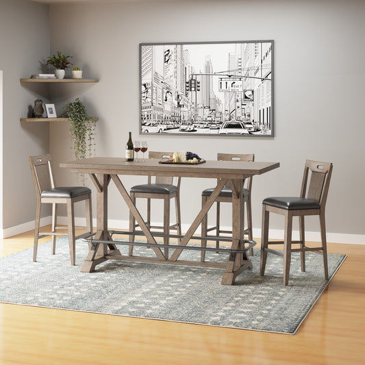 Rustic wooden bar table with four dark grey upholstered stools