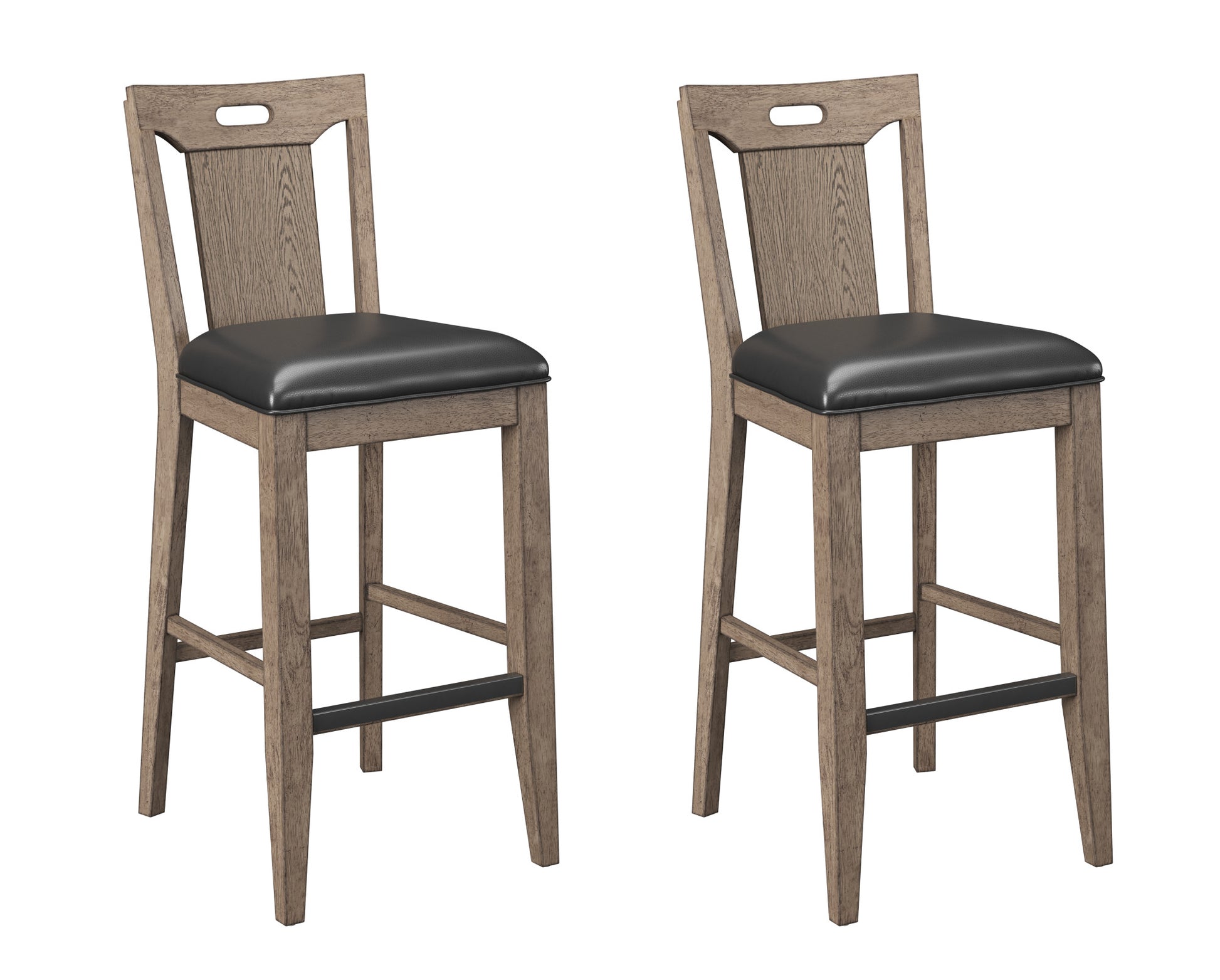 Two distressed oak bar stools with black leather seats and cutout backrests