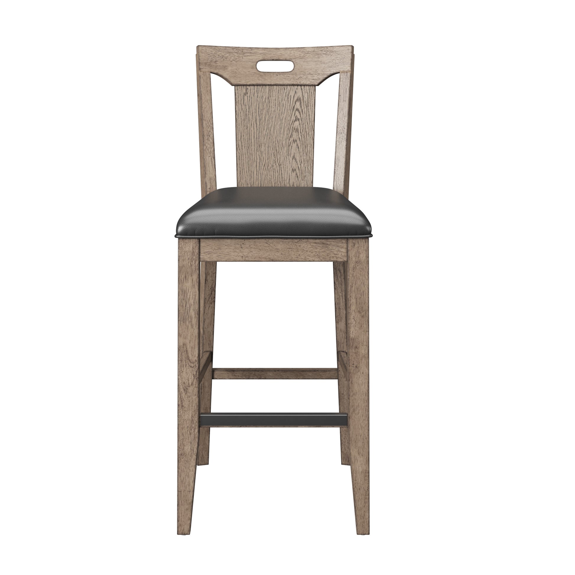 Rustic wood bar stool with black faux leather seat
