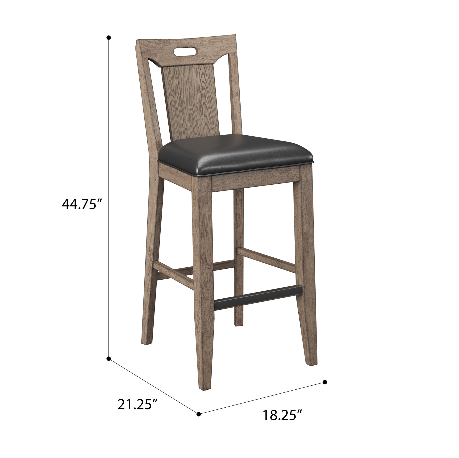 Rustic wood bar stool with black faux leather seat and cutout back