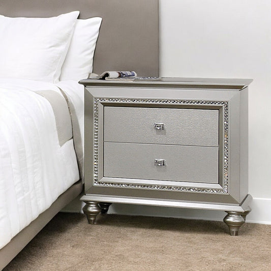Glam silver nightstand with crystal trim and two drawers