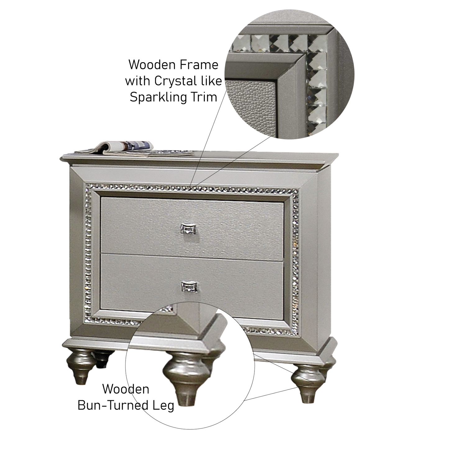 Silver nightstand with crystal trim and two drawers
