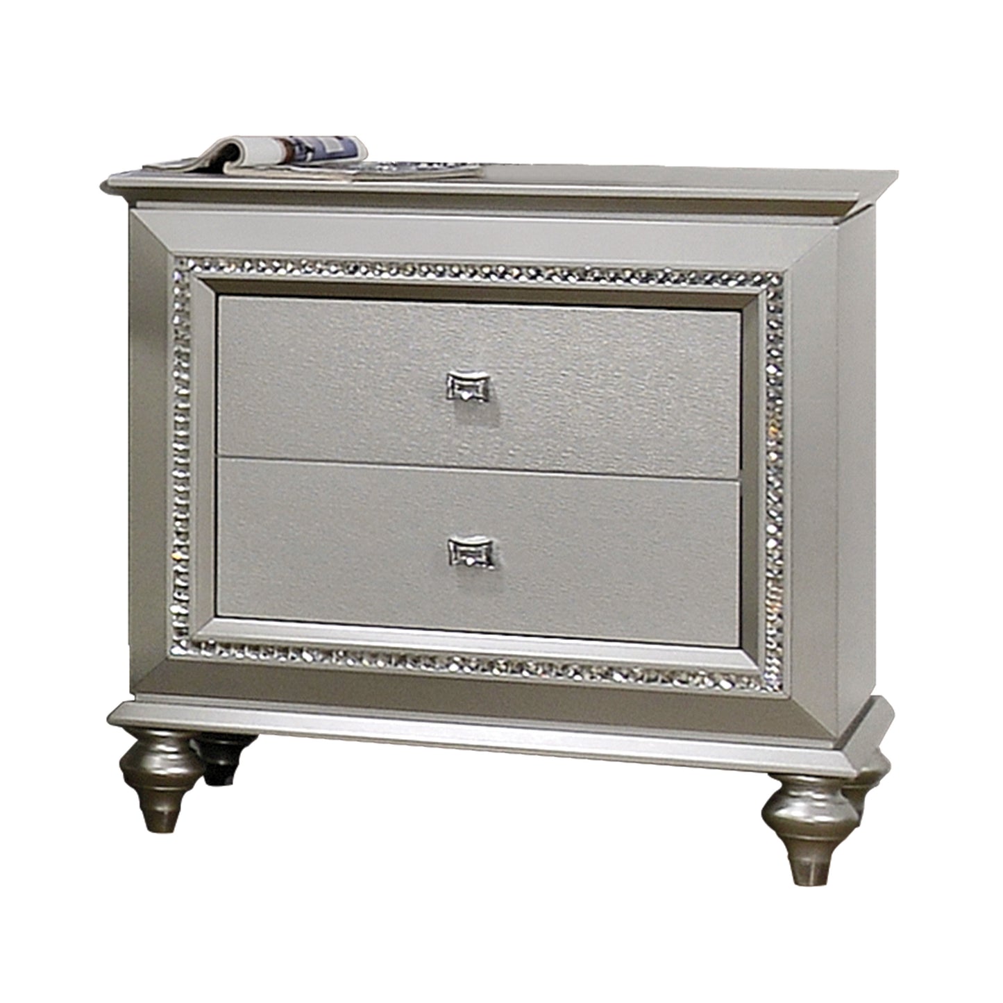 Silver bedside table with two drawers and crystal trim